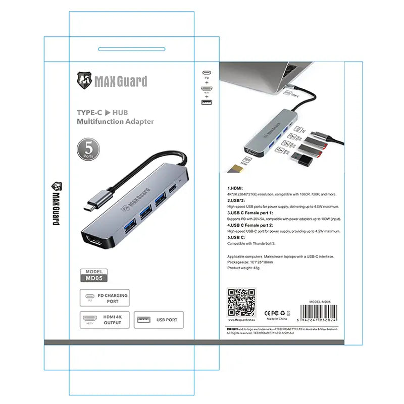 Maxguard 5 In 1 Type-C HUB Adapter MD05 (USB 3.0)